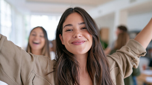 Playful young woman miming an air guitar inside a bright church community space, smiling with friends during a youth activity, christian youth, playful, woman, music, church, joy,