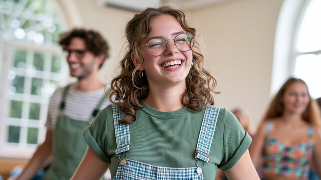 Playful young woman miming an air guitar inside a bright church community space, smiling with friends during a youth activity, christian youth, playful, woman, music, church, joy,