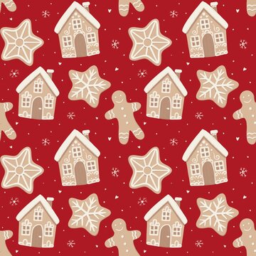 christmas season gingerbread cookies seamless pattern on red background 
