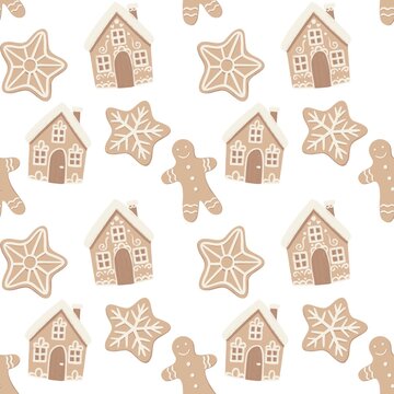 Christmas gingerbread house cookies seamless pattern on white background 