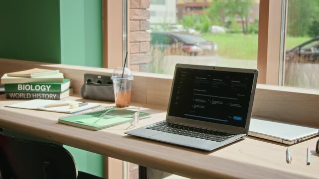 Laptop computer sitting open on wooden desk next to textbooks and notebook by window. Footage perfect for promoting online learning platforms, educational technology, or remote study programs