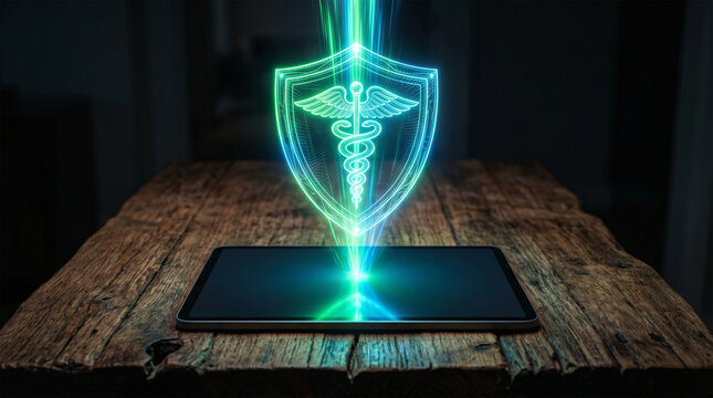 Modern tablet on rustic wood with green satellite medical hologram.