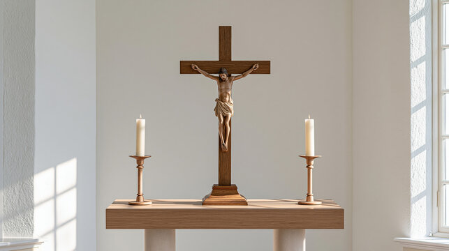 Simple crucifix displayed inside a bright Catholic church, pale stone walls, candles and clean symmetrical altar composition, crucifix, catholic church, christian faith, worship, altar,