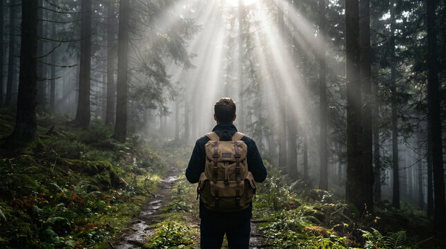 Traveler from behind looking at misty forest God rays