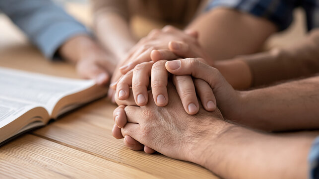Christian group holding hands in morning prayer inside a bright church meeting room, open Bible on the table and peaceful unity, christian prayer, worship, bible study, group, church,