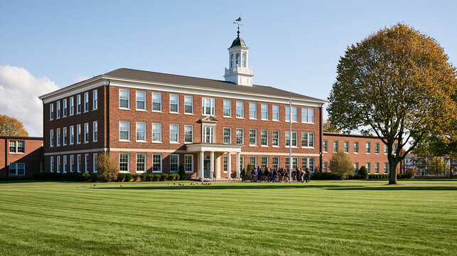 Private all-girls Catholic academy with classic architecture, broad lawn and groups of students near the entrance in bright daylight, catholic education, girls school, college preparatory,