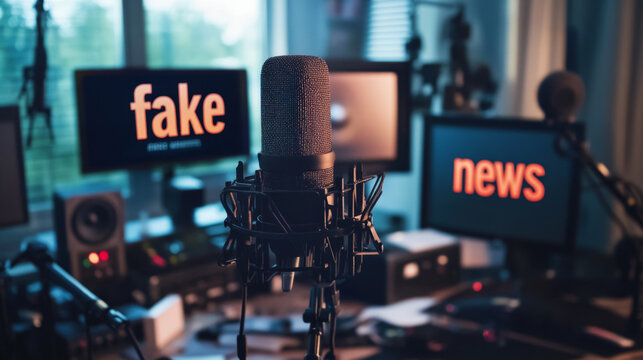 Microphone in bright studio with fake news split on two screens