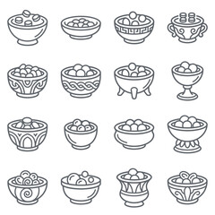 Fototapeta premium Decorative bowls containing small round snacks or fruit icons.