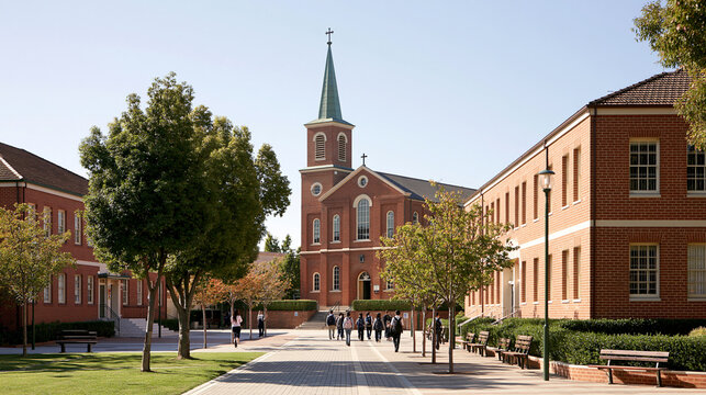 Historic church and Catholic school buildings enclosing a quiet pedestrian square, students walking between entrances in crisp bright daylight, catholic education, school complex, church,