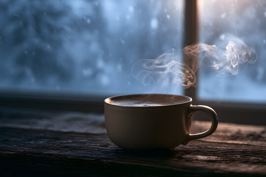 warm coffee on the table against a winter backdrop