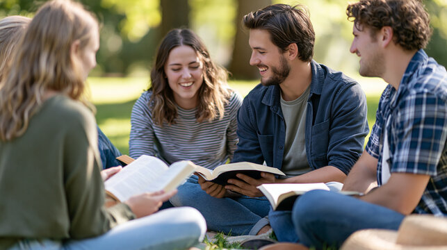 Christian friends reading and discussing the Bible together on a park blanket, open books and relaxed smiles in bright morning light, bible study, christian friends, park, faith, scripture,
