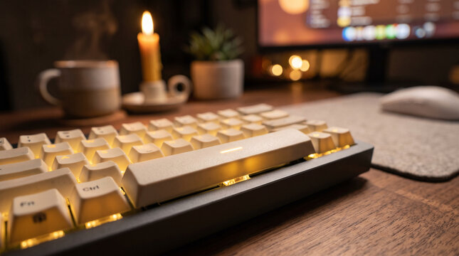 Close-Up Corner Shot of Spacebar Key on Minimalist Mechanical Keyboard with Soft Candlelight Bokeh