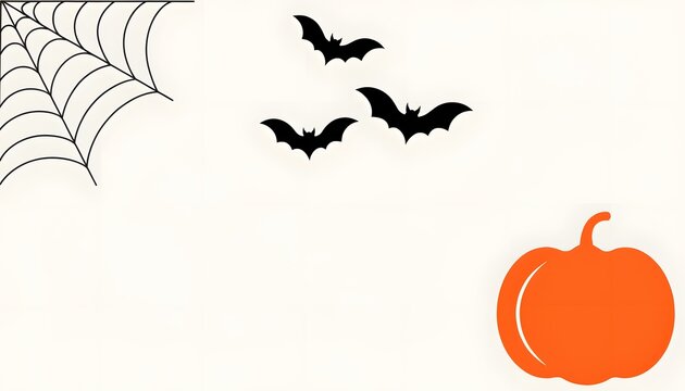 Minimal Halloween Composition with Pumpkin Flying Bats and Spider Web