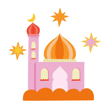 Cute pink mosque illustration with orange dome minaret crescent moon and stars isolated on white background