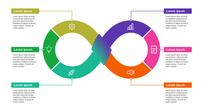 Modern colorful infinity loop business infographic template displaying six interconnected process steps with clean icons and descriptive text boxes layout