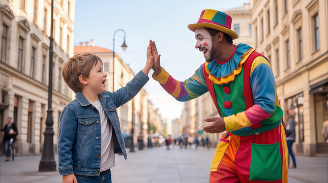 Clown giving high-five to young boy on city street. Street performer interacting with child in pedestrian zone of European town.