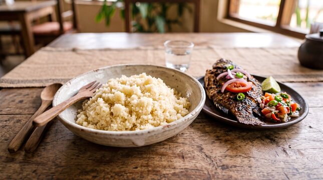 Traditional Ivorian Attieke Steamed Cassava Couscous Served with Grilled Fish and Fresh Tomato Salad