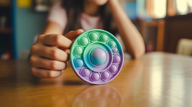 Colorful sensory fidget toy held in hand on a wooden table