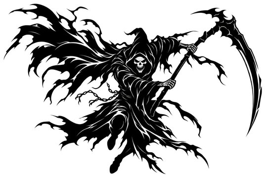 Grim Reaper Vector Illustration, Skull Reaper Silhouette Art, Halloween Grim Reaper Emblem