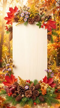 Vertical blank banner decorated with colorful autumn flowers, leaves, pinecones and seasonal harvest elements. Elegant fall frame with copy space for greeting cards, invitations and promotions