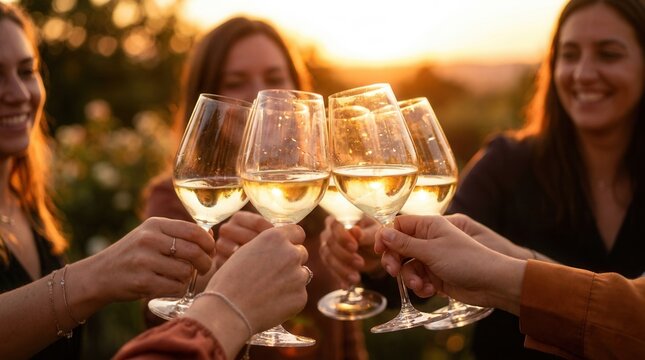 A clique of female friends cheers with glasses of white wine during sunset close-up.
