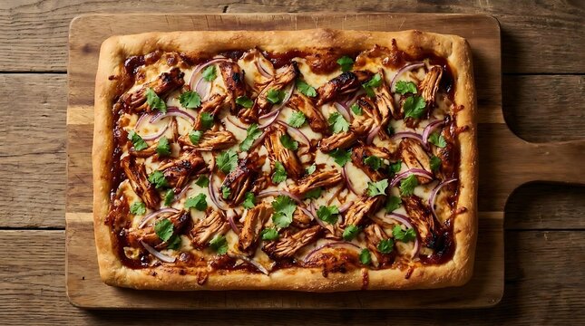 BBQ chicken flatbread pizza on wood board.