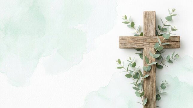Greenery and cross themed invitation for a religious celebration, baptism, or christening.