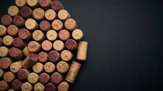 A bunch of wine corks arranged on a dark background