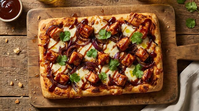 BBQ chicken flatbread pizza on wooden board.