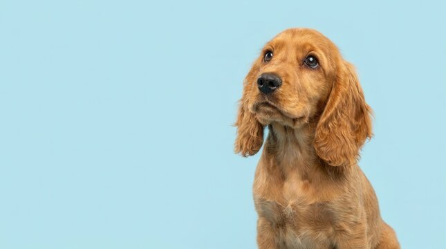 A cute playful brown English cocker spaniel young dog posing and sitting isolated on a blue background.