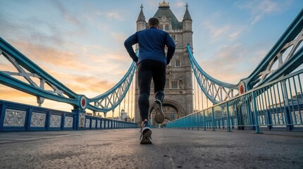 Fototapeta premium Man running on Tower Bridge for a London Marathon concept photo