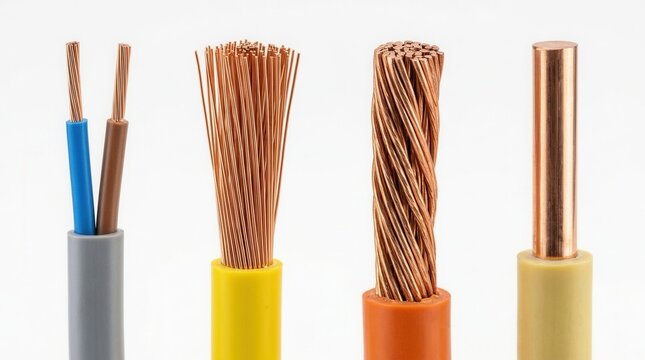 Closeup of various stranded copper wire types isolated on white background