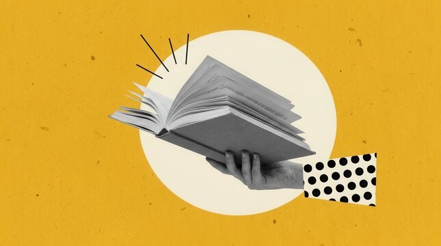Contemporary art collage featuring a human hand holding an open book over a yellow background for educational services promotion.