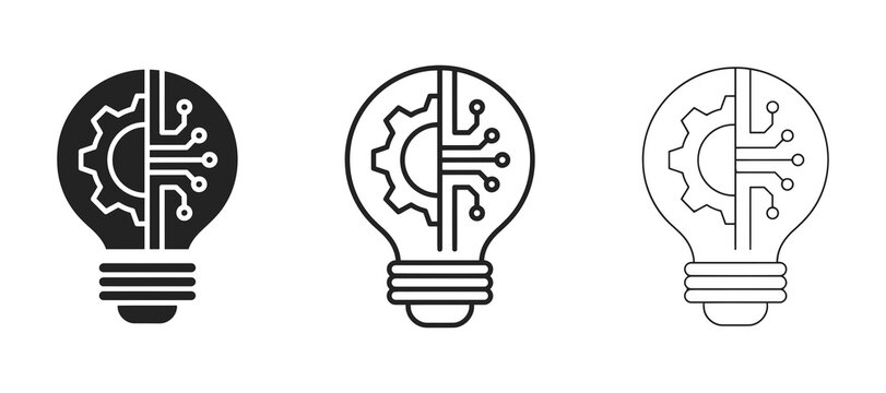 Lightbulb with internal circuitry line icons in varying shades of gray