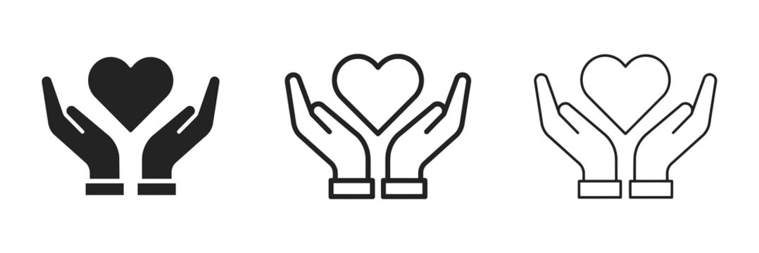 Hands cradling hearts a set of three line icons with varying fills