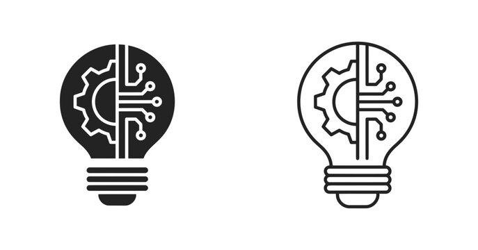 Two line art lightbulbs depict internal gears and circuitry bulb