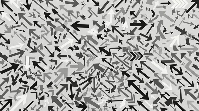 Chaotic pattern of multiple intersecting arrows pointing in random directions creating a complex abstract visual texture in shades of gray black and white graphic background