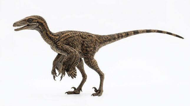 Ornitholestes dinosaur species, small agile carnivorous hunter with narrow jaws in a prehistoric Jurassic forest landscape, detailed 3D render.