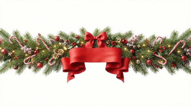 Lush christmas garland features vibrant red ribbons and ornate ornaments with glowing string lights tucked into green pine branches against a clean white isolated background backdrop.