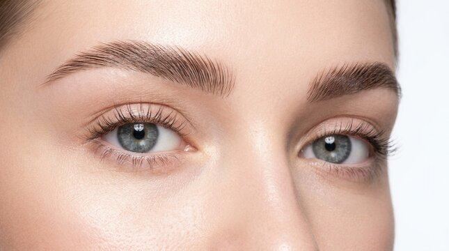 Close-up of a beautiful clear female face with attractive gray eyes, perfect eyebrows, and natural lashes.
