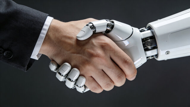 Business professional shaking hands with advanced humanoid robot in corporate partnership demonstration
