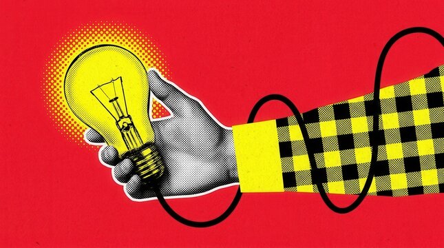 Contemporary art collage featuring a human hand holding a lightbulb over a red background for creativity and ideas.