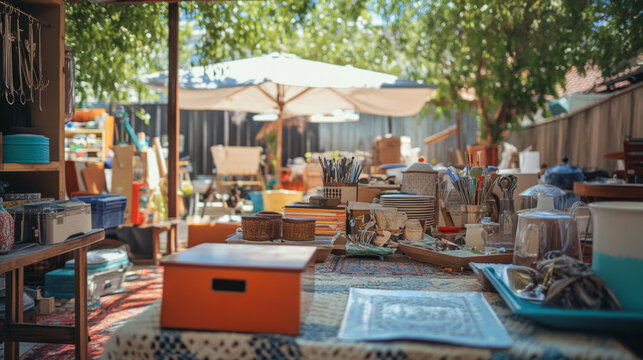  Vintage Items Displayed at Garage Sale Outdoors