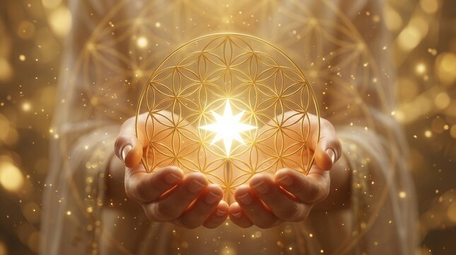 Spiritual hands holding a shining star against a golden Flower of Life backdrop for holistic healing.