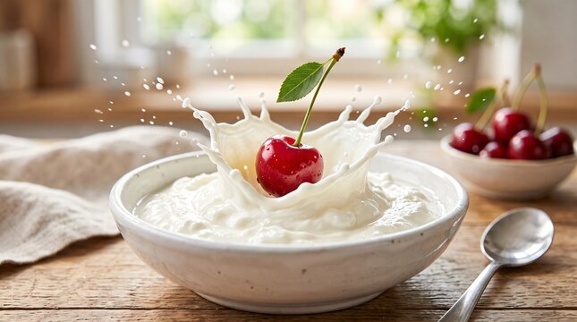 Red Cherry Dropping in Yogurt Splash