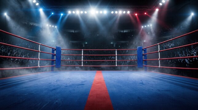 Empty professional boxing ring in a spacious arena for matches and events