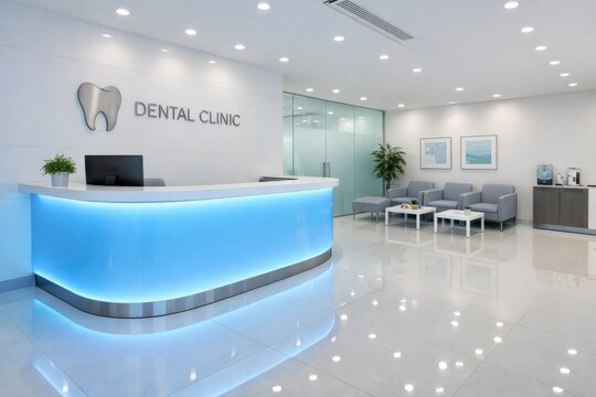 Modern dental clinic reception interior with blue illuminated desk for medical office website banner and clinic background