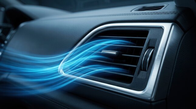 Sleek car interior air conditioning system with vents and cold blue air flow in close-up view