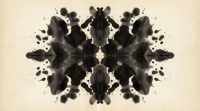 Symmetrical rorschach-like ink patterns creating matching reflective shapes and twin visuals