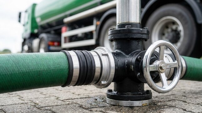 Industrial fueling operation with a tanker truck connecting a green hose for liquid transfer, featuring a detailed valve and coupling.